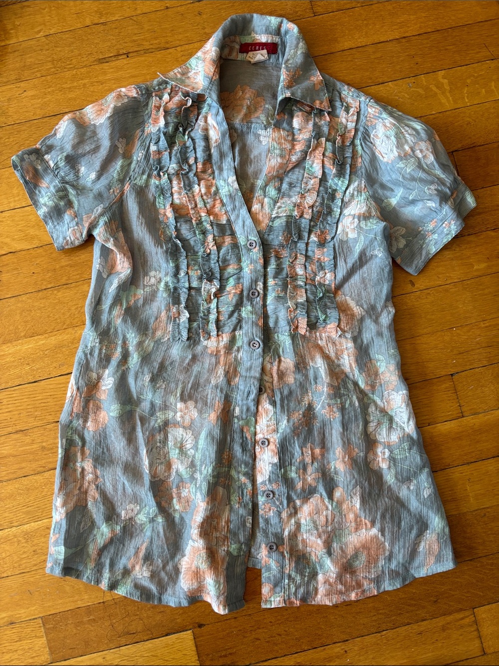 ECI Light Blue Floral Ruffle Front Button-Down Blouse